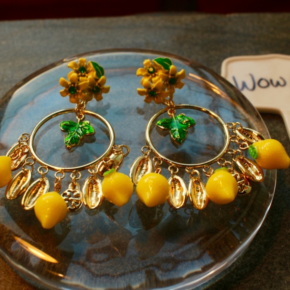 New Positano Lemon fruits dangle Chandelier hoops - Picture 3 of 7